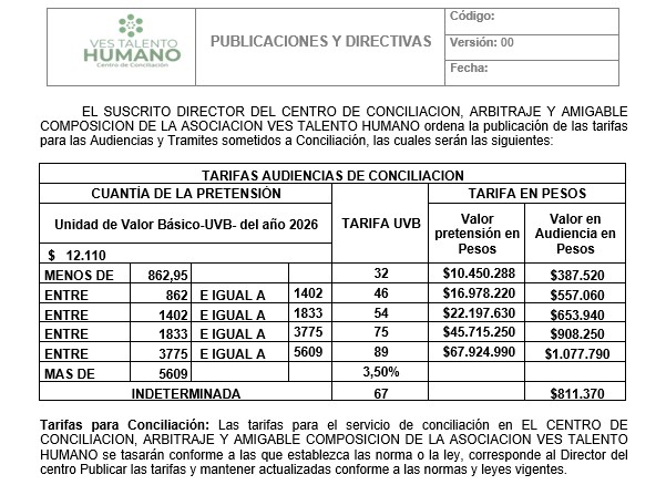 Tabla oficial de tarifas de conciliación por cuantía de la pretensión